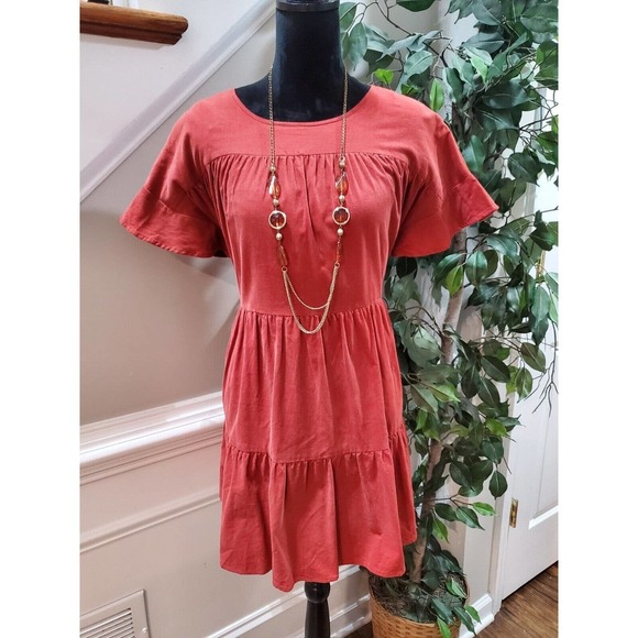 Very J Women Red Cotton Round Neck Short Sleeve Casual Knee Length Dress Small - Picture 1 of 15